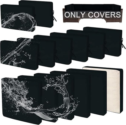 14 PCs Patio Cushion Covers for 7 PCs Outdoor Furniture Sectional Seating Sets Water Resistant Plus 2 Throw Pillows (Black, 24.8(L)*24.8(W)*3.14(T) inches)