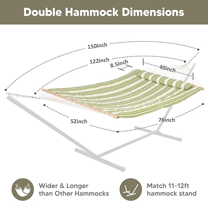 SUNCREAT Portable 2 Person Hammock with Hardwood Spreader Bar, Cotton Rope Outdoor Hammock with Polyester Pad, Green&Beige