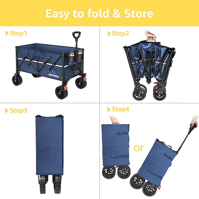 Collapsible Wagon Cart with Wheels Foldable - Folding Utility Heavy Duty Wagons Carts for Grocery Sports Garden Shopping Camping Wheelbarrows (Navy Blue, 150L)