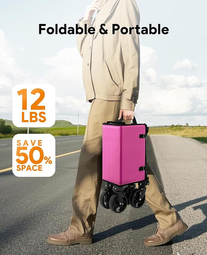 3 in 1 Collapsible Wagon Converts to Bench, 220lbs Foldable Wagon Cart with Wheels, 120L Shopping Cart for Groceries Folding Utility Wagon for Beach, Garden, Camping, Sport, Wheelbarrows, Pink