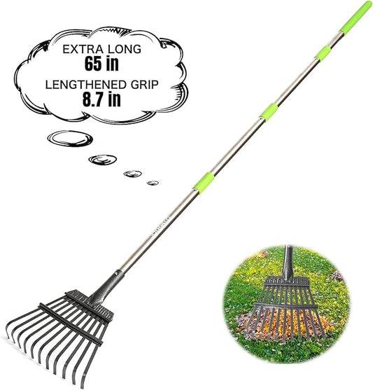Joyhalo Small Leaf Rake, 8.5 Inch Wide Head with 11 Tines, Metal Garden Rake with Adjustable Handle 38.5 to 65 Inch for Gardening, Leaves, Weeds, Debris