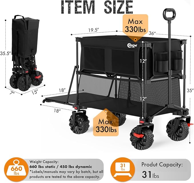 Portal Collapsible Large Double Decker Wagon with Brakes, 660lb Foldable Heavy Duty Utility Wagon Cart, 400L All-Terrain Big Wheels & 54" Extra Long Extender for Sports, Camping & Outdoor Use