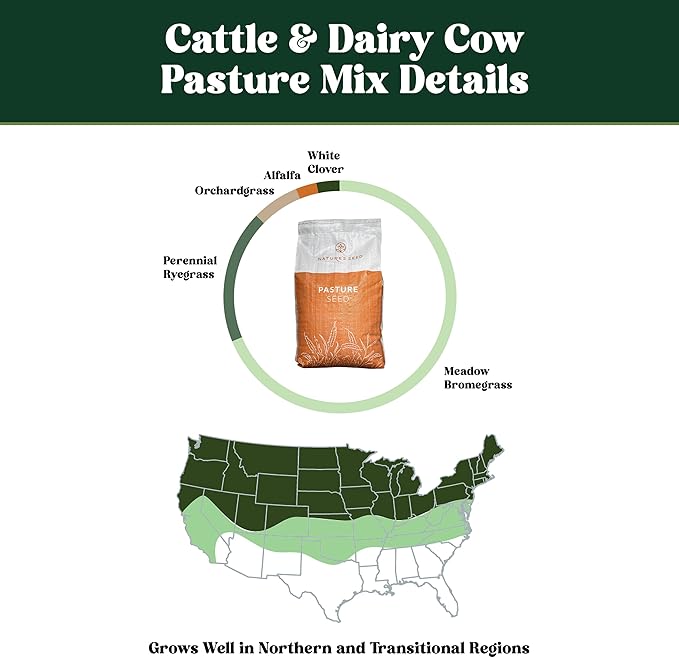 Nature's Seed Northern/Transitional Dairy Cow and Cattle Forage Mix, Pasture Grass Seed Blend, Protein-Rich, Cold-Hardy, 10 lbs