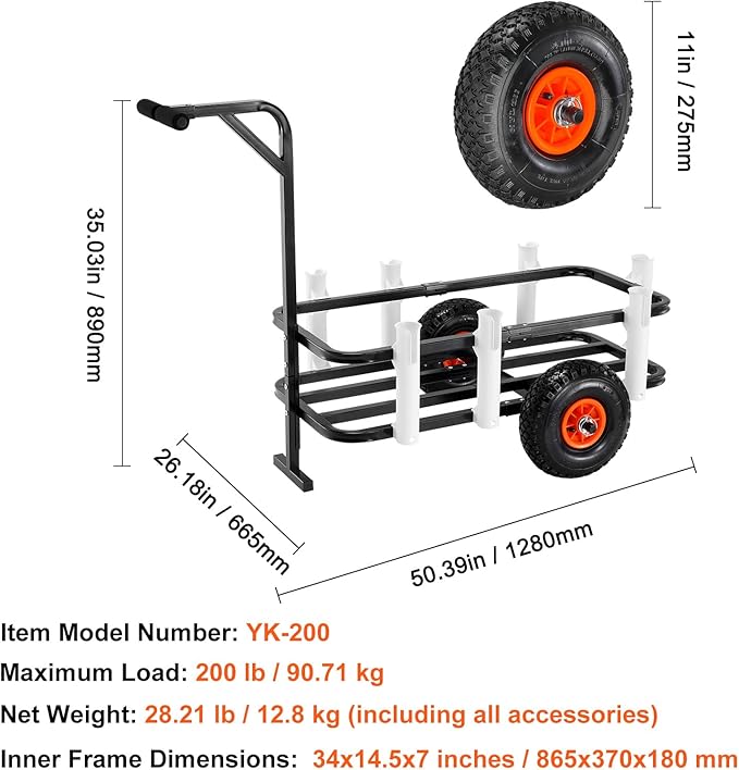 VEVOR Beach Fishing Cart, 200 lbs Load Capacity, Fish and Marine Cart with Two 11" Big Wheels Rubber Balloon Tires for Sand, Heavy-Duty Steel Pier Wagon Trolley with 7 Rod Holders for Fishing, Picnic