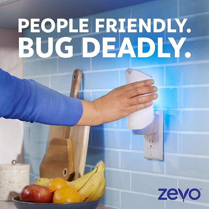 Zevo 4 Flying Insect Traps & 4 Cartridges - Plug In Fly Trap & Indoor Bug Catcher for Gnats, House & Fruit Flies - Mess-Free - Use in Any Room - Uses Blue & UV Light (4 Plug In Devices & 4 Cartridges)