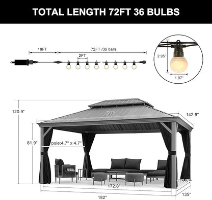 PURPLE LEAF 12' X 16' Hardtop Aluminum Gazebo with Netting and Curtains Heavy Duty Permanent Gazebo with Double Metal Roof for Patio Deck Lawn Garden All Weather Outdoor Pavilion Gazebos, Light Grey