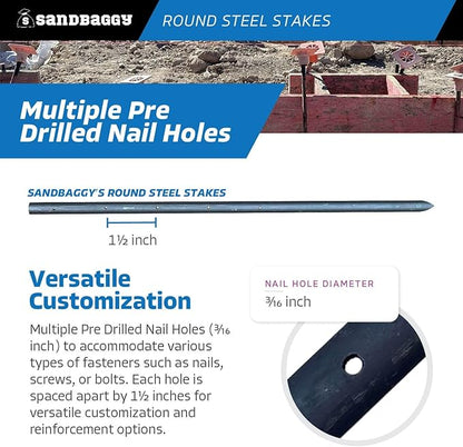 Sandbaggy Round Steel Concrete Form Stakes with Nail Holes - Rust Resistant Coating - Removable, Reusable (50, 3/4 in X 24 in)