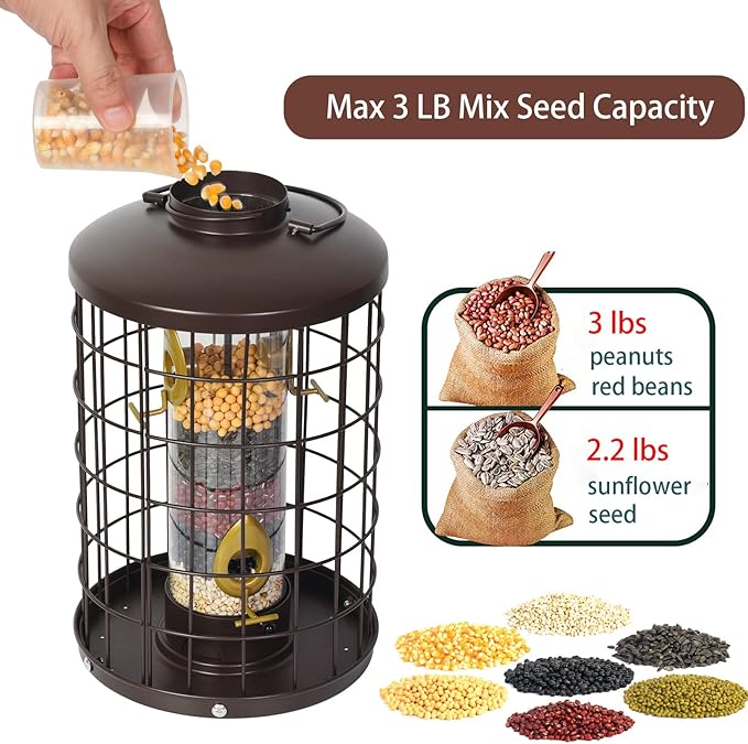 Caged Bird Feeders Metal - 3 Lbs - Squirrel-Proof Wild Bird Feeders, Clear Tube Feeders Hanging Outside Starling Proof, Detachable Cleaning, 4 Feed Ports(Copper)