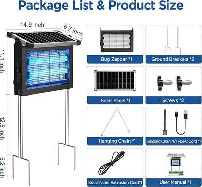 Solar Bug Zapper Outdoor Waterproof, Jepwe 4500V Cordless Bug Zapper Outdoor Large, Rechargeable Mosquito Killer & Fly Zapper, Solar Powered Insect Trap for Garden, Patio, Backyard, Indoor Use