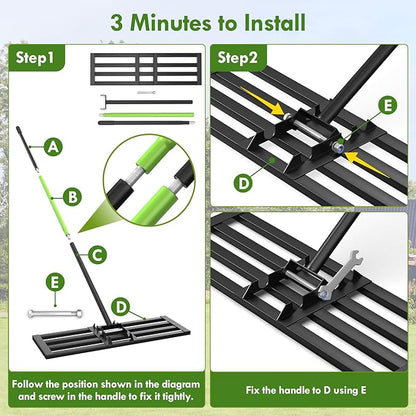 Seeutek Lawn Leveling Rake, 35” x 10” Lawn Leveler with 6.5FT Stainless Steel Handle Rakes for Lawns, 0-180° Adjustable Ground Leveler Tool for Yard, Level Soil Sand Dirt Surfaces