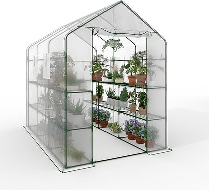 Greenhouse, 57 x 85 x 77'' Greenhouses for Outdoors, with Mesh Side Windows, PE Cover, 8 Shelves, Heavy Duty Walk in Green House for Backyard Garden Indoor, White& Green Outside