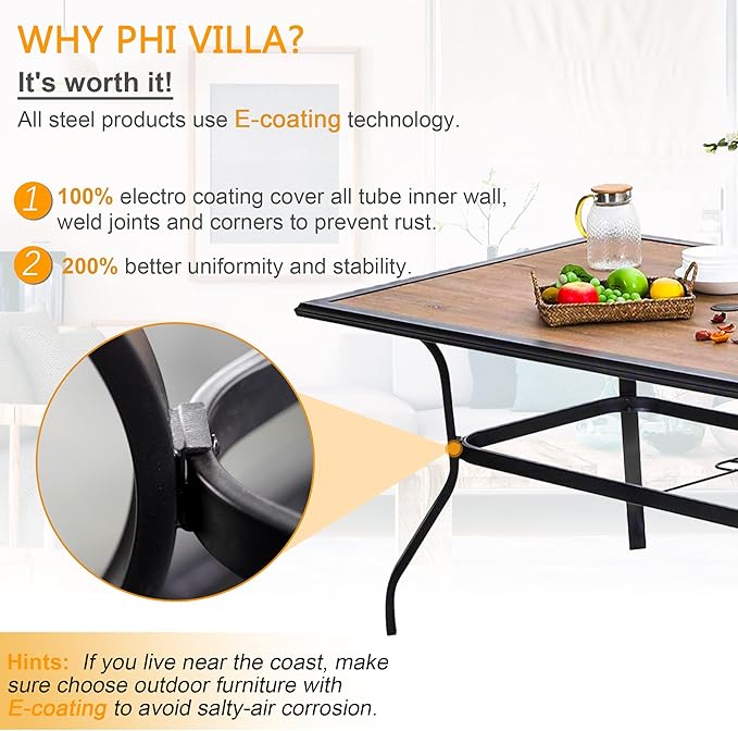 PHI VILLA 5 Piece Outdoor Dining Table Set for 4, 37" Wood Top Metal Dining Table with Umbrella Hole & 4 Cushioned Rattan Chairs for Patio, Deck, Porch, Yard
