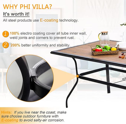 PHI VILLA 5 Piece Outdoor Dining Table Set for 4, 37" Wood Top Metal Dining Table with Umbrella Hole & 4 Cushioned Rattan Chairs for Patio, Deck, Porch, Yard