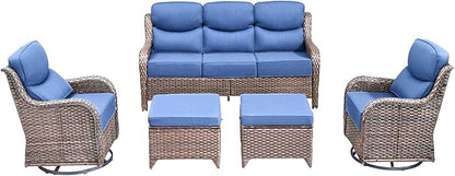 Luxury High Back Outdoor Furniture with 6-Inch Thick Cushions, Patio Furniture Set with Swivel Chairs, 5 PCS Wicker Conversation Set for Porch, Balcony, Deck and Yard