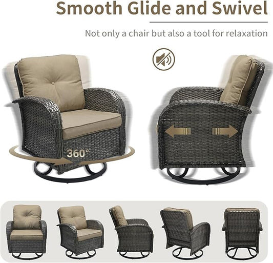 3 Pieces Patio Furniture Set, Outdoor Swivel Rocking Chair Set of 2 with Side Table - 360° Swivel, Thick Cushions, All-Weather Bistro Set for Deck, Porch, Pool(Brown, Grey Full-Weave Rattan)
