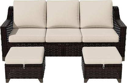 Vista Vibe 3 Pieces Outdoor Patio Conversation Furniture Set - 78" 3-seat Sofa | 2 Wicker Ottomans, Deep Seat Loveseat with Removable Cushions, Hand-Woven PE Rattan Couch, Lawn (Brown/Beige)