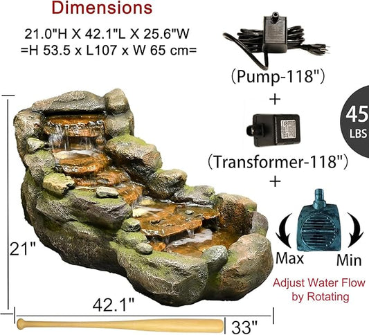 42.1" L Garden Water Fountain Outdoor, Floor Standing Mutiply Tiered Rock Outdoor Fountains with LED Lights and Pumps for Garden, Backyard, Porch, Patio and Home Art Decor