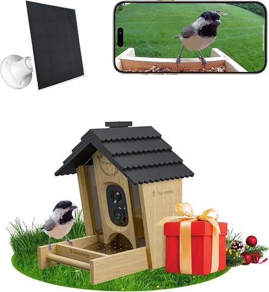 Sensforge Smart AI Bird Feeder Camera, 2.5K HD Live View, Solar-Powered Wooden Outdoor Feeder with AI Recognition, Weatherproof, App Notifications - Ideal for Bird Lovers, Parents & Kids