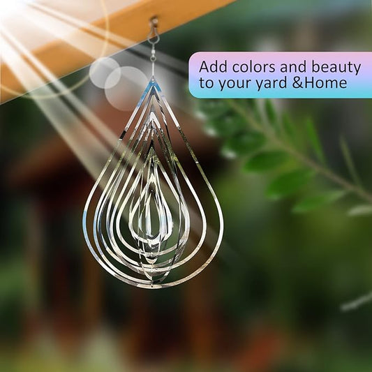 Wind Spinner Outdoor Metal Decorations, Silver Wind Spinners for Yard and Garden,3D Mirror Stainless Steel Hanging Wind Sculptur Chime Indoor Outdoor Garden Decoration Worth Gift (Drop)