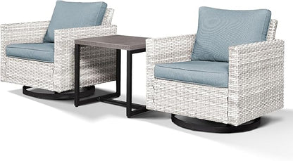 HUMMUH 3-Piece Patio Swivel Chairs,PE Wicker Outdoor Rocking Chairs Bistro Set with Side Table Porch Balcony Furniture with Cushions