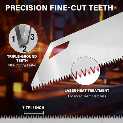 HAUTMEC 18" X-Sharp Pro Hand Saw for Speed and Quality Cuts, Universal Handsaw with 7 TPI /8PPI Triple Ground Teeth, 1mm Thick Blade Ergonomic Bimaterial Soft Handle – HT0151