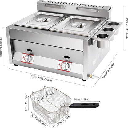 Stainless Steel Low Pressure Gas Deep Fryer with Frying Baskets and Lid, 12.7QT/12L Capacity Countertop Deep Fryer Oil Frying Pot Kitchen Frying Machine Table Snack Fryer Double Cylinder Gas Fryer