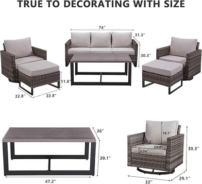 HUMMUH 6 Piece Patio Furniture Set PE Wicker Outdoor Couch,Patio Swivel Rocker Chairs and Tables for Porch,Garden,Backyard