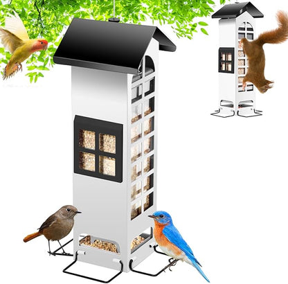 Squirrel Proof Bird Feeder, Metal Bird Feeders for Outdoors Hanging,2LB Large Capacity Gravity Protection Squirrel-Proof Mesh Wild Bird Feeders with Finch Cardinal Chickadee-White