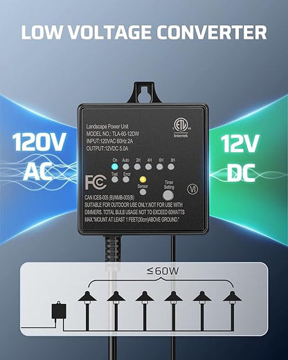 DEWENWILS 60W 120V AC to 12V DC Outdoor Low Voltage Transformer with Timer and Photocell Light Sensor, Weatherproof, Specially for LED Landscape Lighting, Spotlight, Pathway Light, ETL Listed