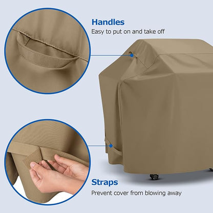 SunPatio Gas Grill Cover 60 Inch, Heavy Duty Waterproof Outdoor Barbecue Cover with Sealed Seam, FadeStop Material, All Weather Resistant Compatible for Weber CharBroil Nexgrill Grills and More, Taupe