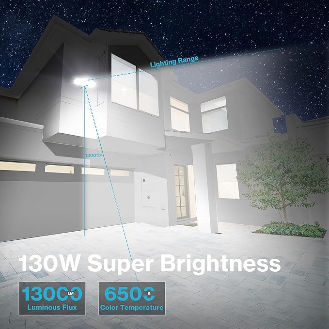 Olafus 130W Flood Lights Outdoor, 13000LM Super Bright LED Flood Light, IP65 Waterprooof Outdoor Flood Light Fixture, 3 Adjustable Heads, 6500K Exterior Security Lights for Yard, Garage, Black