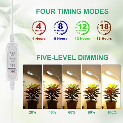 Pot Clip LED Grow Lights for Indoor Plants, Full Spectrum with 5-Level Dimmable, Auto On Off 4/8/12/18 Hrs Timer for Succulents, Small Plant, White, 5V, 2 Pack