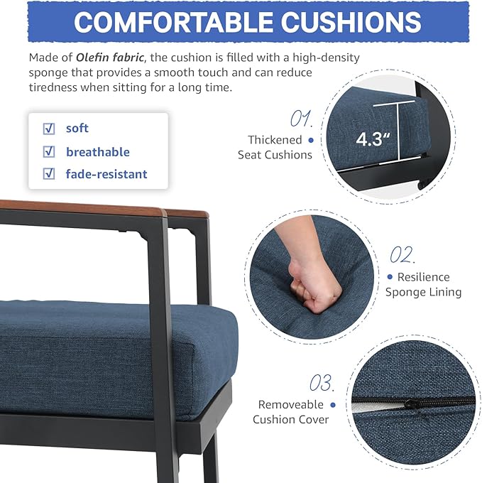 Soleil Jardin Aluminum Patio Furniture Armchair Set of 2, Outdoor Patio Chair with FSC Certified Solid Wood Top, Outdoor Conversation Set Deep Seating Single Chair w/Removable Cushion, Denim Blue
