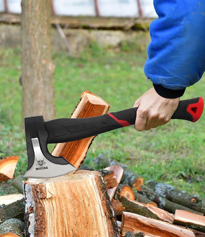 15 inch Hatchet for Small to Medium Size Kindling, Splitting Axe 1065 High Manganese Steel and Ergonomic Fiberglass Handle, 2.3 pounds