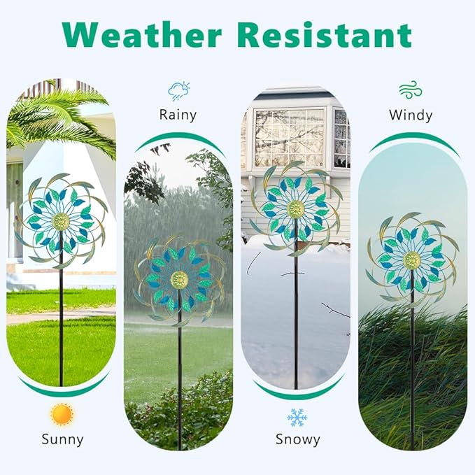 Metal Wind Spinners Outdoor,13'' Dia Green Double Wind Spinner & Sculpture,Waterproof Garden Windmill for Yard Art Decorations
