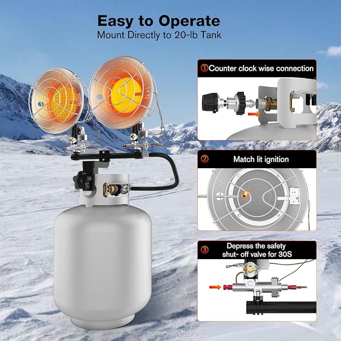 ThermoMate Propane Tank Top Heater 30000 BTU With Tip-over Protection, Portable Dual Burners With Adjustable Heat Settings for Camping, Garage, Ice Fishing, Golf Cart