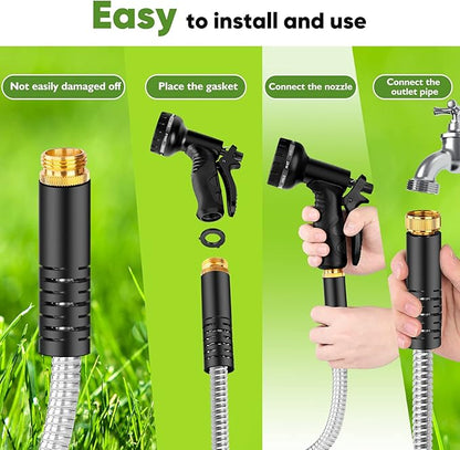 Garden Hose Metal 50FT, Stainless Steel Heavy Duty Water Hose With 10 Function Nozzle, No-Kink, Tough & Flexible, Sturdy and Lightweight, Rust Proof hose for Yard, Outdoor, RV