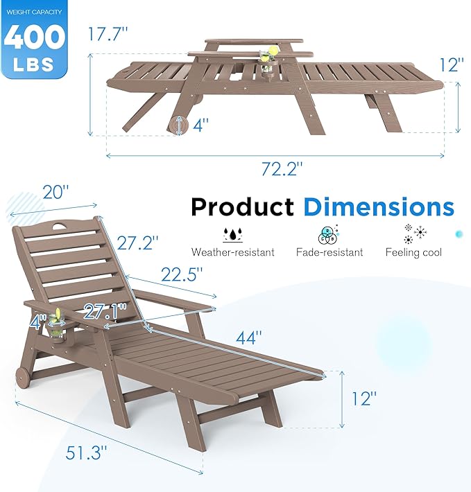 nalone Outdoor Chaise Lounge Chair Set of 2 with Wheels & Cup Holder, HDPE Pool Lounge Chairs with 5-Position Adjustable Backrest Supports Up to 400 LBS for Patio Poolside Deck Beach (Grey Brown)