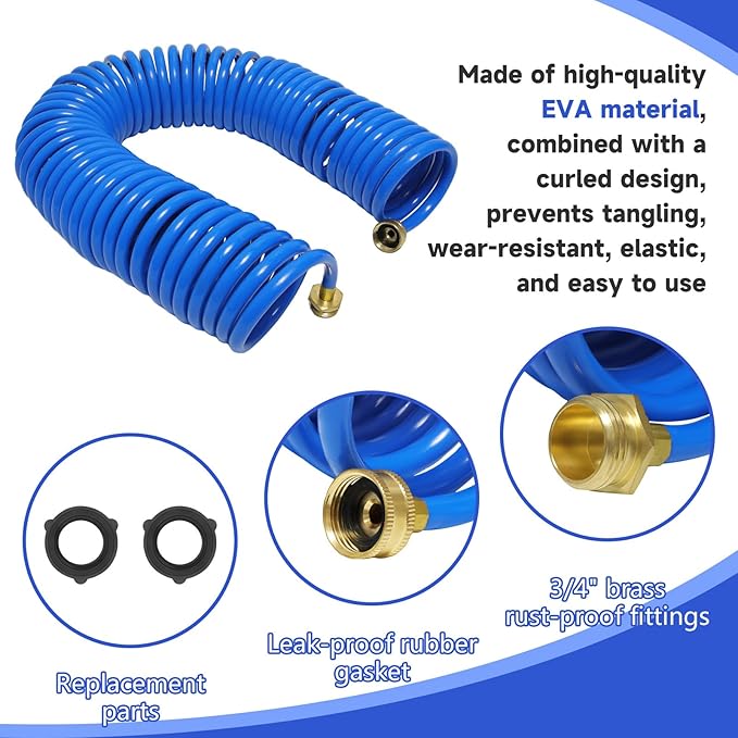 Coil Hose,3/8" EVA Coil Garden Hose 25 FT,Curly Water Hose Lightweight with Brass Connectors,Recoil Garden Hose Includes 8-Pattern Spray Nozzle for Boat, Yard, Patio, Green