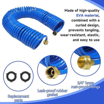 Coil Hose,3/8" EVA Coil Garden Hose 25 FT,Curly Water Hose Lightweight with Brass Connectors,Recoil Garden Hose Includes 8-Pattern Spray Nozzle for Boat, Yard, Patio, Green