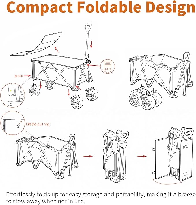 Collapsible Wagon - 330lbs Heavy Duty; Beach & Garden Cart with Big Wheels;White Wagons Carts for Grocery Sports Garden Shopping Camping