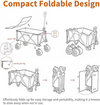 Collapsible Wagon - 330lbs Heavy Duty; Beach & Garden Cart with Big Wheels;White Wagons Carts for Grocery Sports Garden Shopping Camping