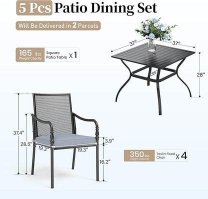 Patio Table and Chairs Set of 4, All-Weather Breathable Metal Mesh Patio Chair with Gourd-Shaped Armrests, 37x37 Square Table with Umbrella Hole, 5 Pcs Metal Frame Patio Dining Set