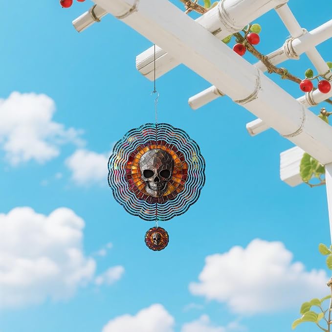 Wind Spinners Outdoor, Retro Halloween Skull 3D Stainless Steel Wind Sculpture Spinner for Garden Outside Hanging Decor Mother's Day Christmas Birthday Gifts for Women Men Mom Nana 13.7 in