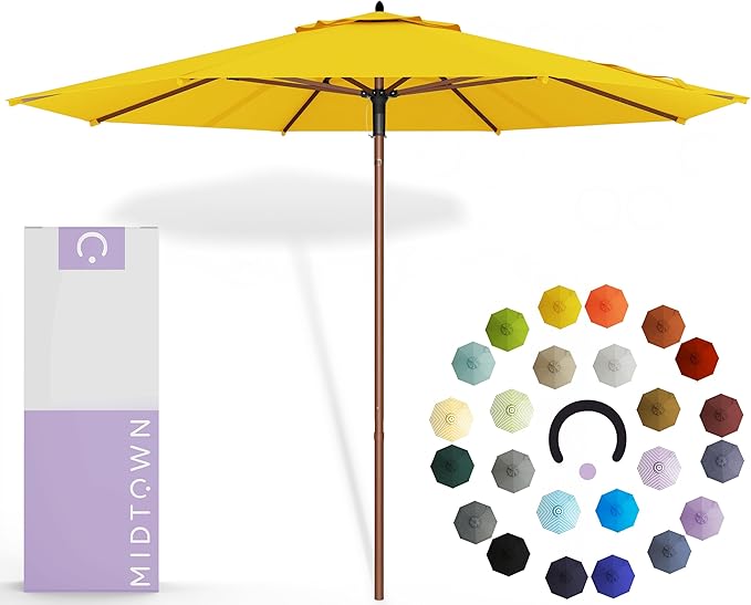 Midtown Umbrellas The Wooden 9 Feet Patio Umbrella With Terylast Sunflower (Yellow) Polyester Fabric - Aluminum Frame Market Umbrella For Backyard, Deck, Garden, Pool - Wooden Pole