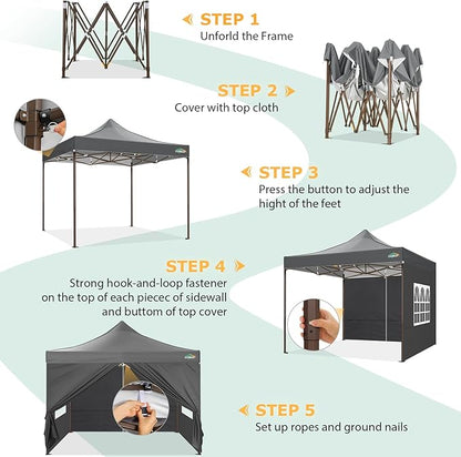 COBIZI 10x10 Pop Up Heavy Duty Canopy with 4 Sidewalls and Hexagonal Legs, Easy up Tent for Events, Parties, Camping, Outdoor Canopy with Portable Bag, Waterproof & UPF50+ (Gray)
