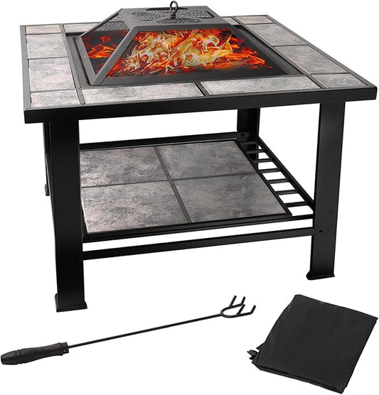 30-Inch Square Fire Pit Table, Wood Burning Fireplace/Firepit with Marble Tile Tabletop, Mesh Lid, Fire Grate, Poker and Nylon Cover
