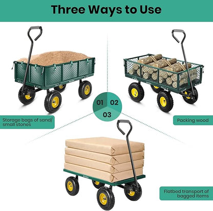 GVDV 660LB Garden Cart with Liner, Heavy Duty Steel Garden Wagon, Folding Utility Wagon with Removable Sides and 10" All-Terrain Wheels