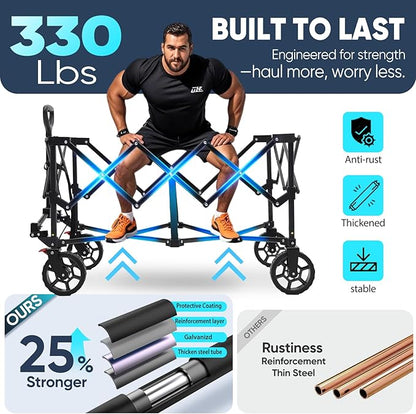 Sekey Collapsible Foldable Wagon with 330lbs Weight Capacity, Heavy Duty Folding Wagon Cart with Big All-Terrain Wheels & Drink Holders. Black