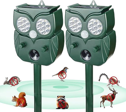 [2025 Upgrade] Solar Animal Repellent Outdoor for Deer Squirrel Mole Rabbit Cat Skunk Bird Raccoon Dog, Waterproof Ultrasonic Pest Repeller with Motion Detector and LED for Yard Lawns Garden 2 Pack